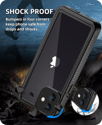 WIFORT for iPhone 12 Waterproof Case - [Certified Water Proof & Military Protection] with [Built-in Screen Protector], Full Body Shockproof Phone Case Cover for iPhone 12 6.1" - Black