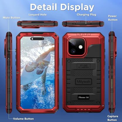 Mitywah Waterproof Case for iPhone 16, Shockproof Heavy Duty Case with Built-in Screen Protector, Underwater Full Body Protective Metal Case 6.1 inch, Red