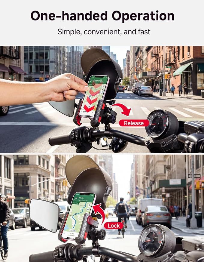 KEMIMOTO Motorcycle Phone Mount with Sun Hat, 360° Adjustable Quick Release, Anti-Vibration, Anti-Theft Phone Holder Fits 4.7"-7.2" Smartphones for Bike, ATV, Scooter, Golf Cart