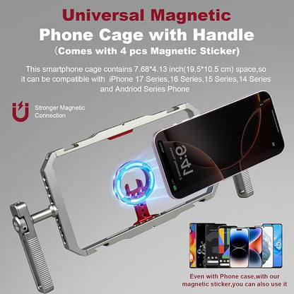 Magnetic Phone Cage with Handle,Smartphone Cage Kit with 360° Rotation Handgrip and Magnetic Sticker for Photography,Compatible with iPhone 17/16/15/14/13 Series and Andriod Phones (Silver+Red)