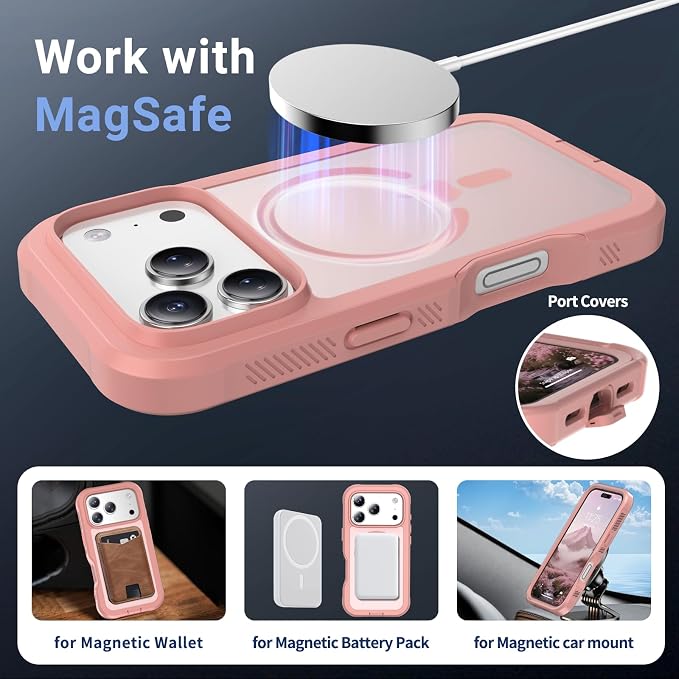 jaroco Magnetic for iPhone 17 Pro Case, [Compatible with MagSafe][Military Grade Drop Protection][Heavy Duty Protection][Non-Slip][Shockproof] 2-Layer Durable Bumper Phone Casee 6.3''-Pink