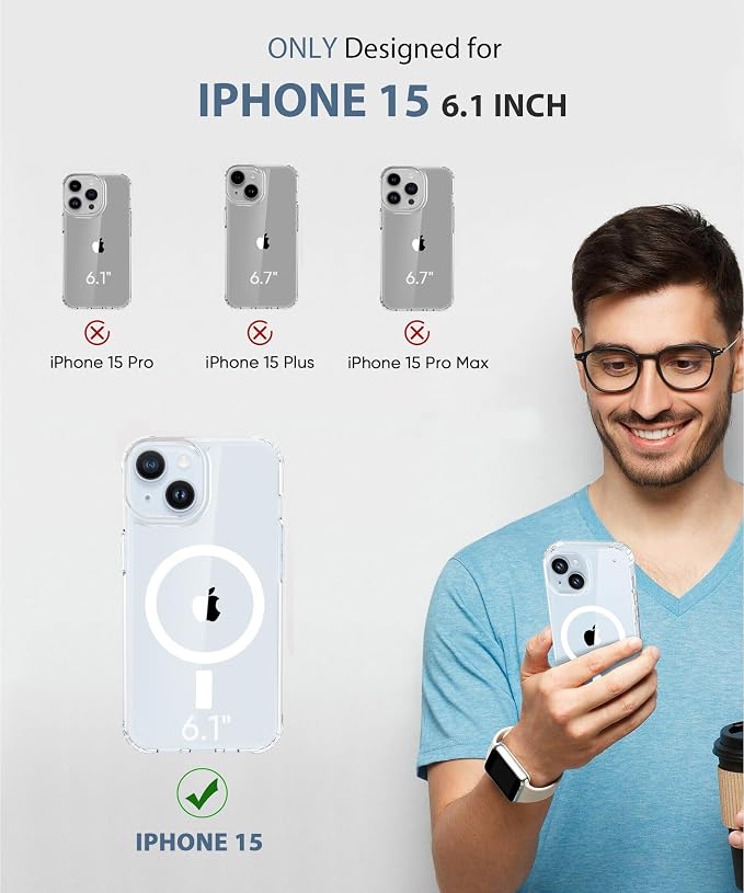 Compatible with iPhone 15 Case Clear, Built-in Screen Protector, with Camera Lens Protector, [Compatible with MagSafe] Full Body Phone Case, Magnetic Protective Cover for 15 6.1" (Clear)