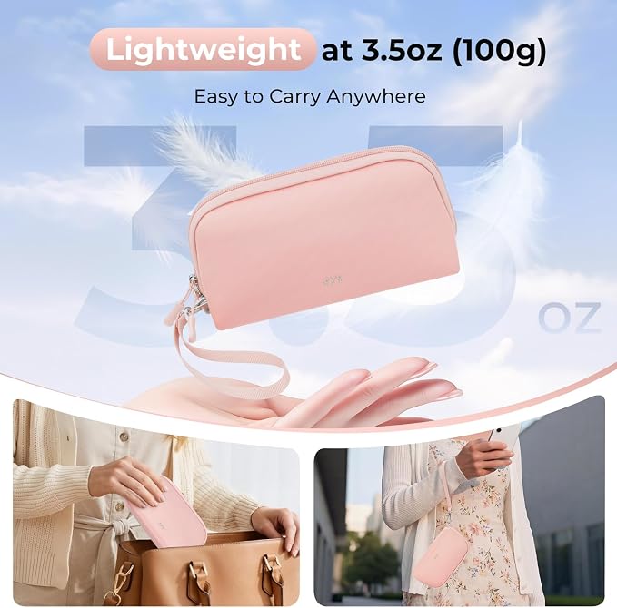 FYY Travel Cable Organizer - 8 Compartments, Lightweight, Water Repellent | With Wrist Strap, Portable Tech Pouch for Cord Charger, Travel and Business Trips Use, Soft Shell Nylon, Pink (Small)