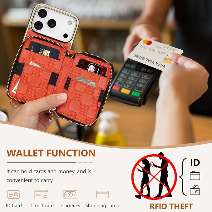 Keallce for iPhone 17 Pro 6.3'' Wallet Case, Crossbody Zipper Purse with 4 Card Slots RFID Blocking, Lanyards & Wrist Straps, Flip Leather Folio Cover with Kickstand for iPhone 17 Pro, Orange