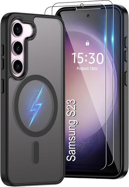 Pilaru for Samsung Galaxy S23 Case [Compatible with Magsafe] Translucent Matte Magnetic S23 Phone Case,SlimThin Duty Shockproof Protection Cover with 2pc HD Screen Protector for S23-Black