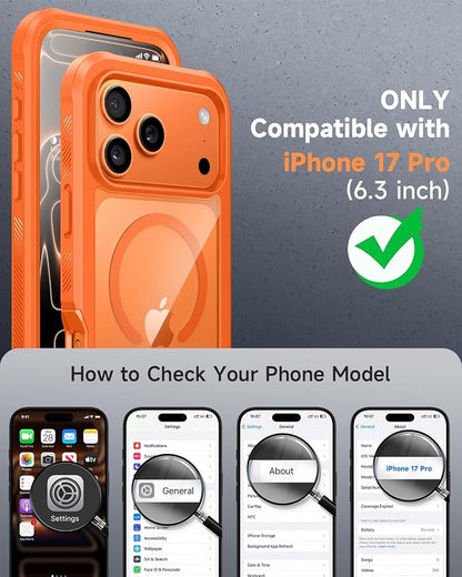 seacosmo for iPhone 17 Pro Case, Full Body Bumper with Built-in Tempered Glass Screen and Camera Lens Protector, Compatible with MagSafe, Shockproof 17 Pro Phone Case, 6.3", Orange