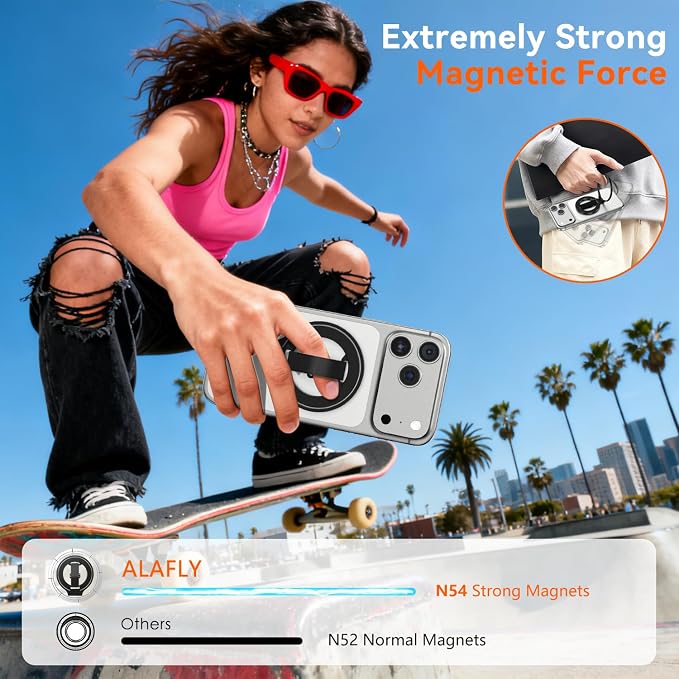 4-in-1 Magnetic Phone Grip Stand with Finger Strap Loop for Magsafe, [2025 Upgraded] Removable Phone Ring Holder for iPhone 17 Pro M ax/16/15/14/13/12 Series, White Elephant Gift For Men, Black