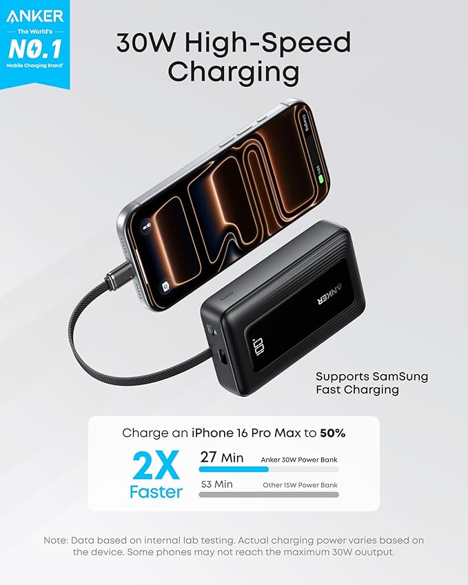Anker Portable Charger, 10,000mAh 30W Power Bank, USB-C in and Out Fast Charging Battery Pack, Travel Essential Phone Power Bank, for iPhone 17/16, Galaxy and More (Black, 10000.00, Milliamp Hours)