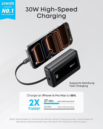 Anker Portable Charger, 10,000mAh 30W Power Bank, USB-C in and Out Fast Charging Battery Pack, Travel Essential Phone Power Bank, for iPhone 17/16, Galaxy and More (Black, 10000.00, Milliamp Hours)