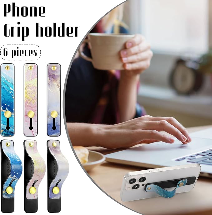 Weewooday 6 Pieces Phone Grip Holder Cell Phone Grip Strap Telescopic Finger Strap Stand Universal Finger Kickstand for Most Smartphones(Marble Color)