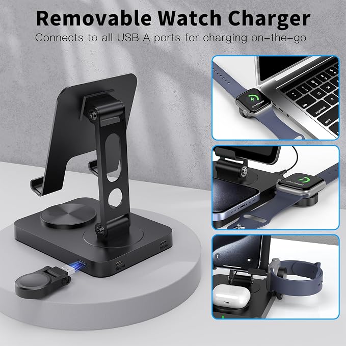 3 in 1 Wireless Charger for Apple Charging Station for iPhone Mag safe Charger for iPhone 17 Pro Max/16/15/14, Foldable Watch for Apple Watch 10/9/8/7, Rotating Stand for iPad Charging Station (black)