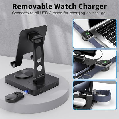 3 in 1 Wireless Charger for Apple Charging Station for iPhone Mag safe Charger for iPhone 17 Pro Max/16/15/14, Foldable Watch for Apple Watch 10/9/8/7, Rotating Stand for iPad Charging Station (black)