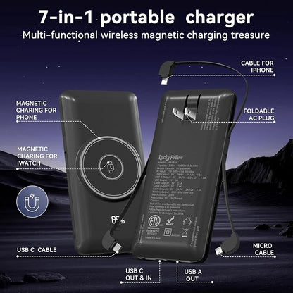 Magnetic 10000mAh Portable Charger for iWatch & iPhone, PD Fast Charging Wireless Power Bank Built-in Cables and Wall Plug, External Travel Battery Pack Compatible with iOS Android Phones