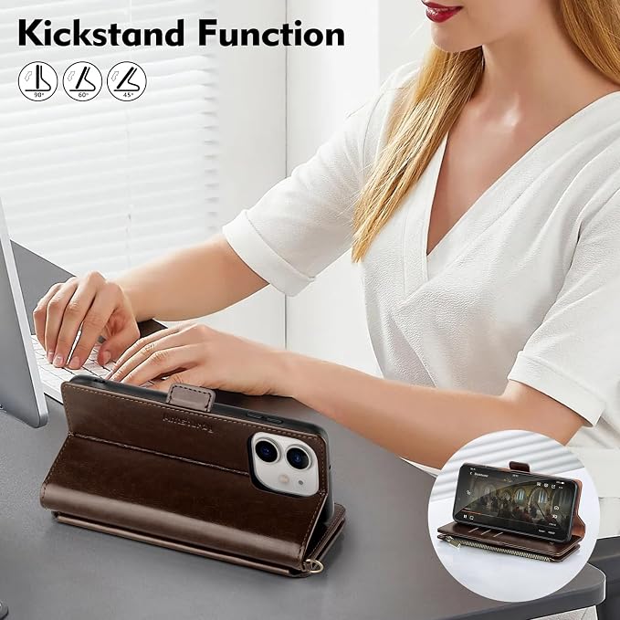 Antsturdy Compatible with iPhone 12 Wallet Case,RFID Blocking PU Leather Phone Case Women Men Kickstand Flip Cover Wrist Strap Zipper Credit Card Holder Slots,for Apple 12 Pro 6.1",Coffee