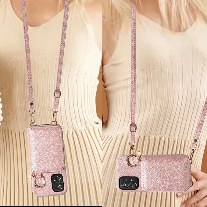 Wallet Case for Samsung Galaxy A52/A52S 5G & Shoulder Strap Ring Buckle PU Leather Zipper Organ Purse, Credit Card Holder Stand Cell Phone Cover for A 52 S 4G G5 52A S52 52S Women Men Rose Gold