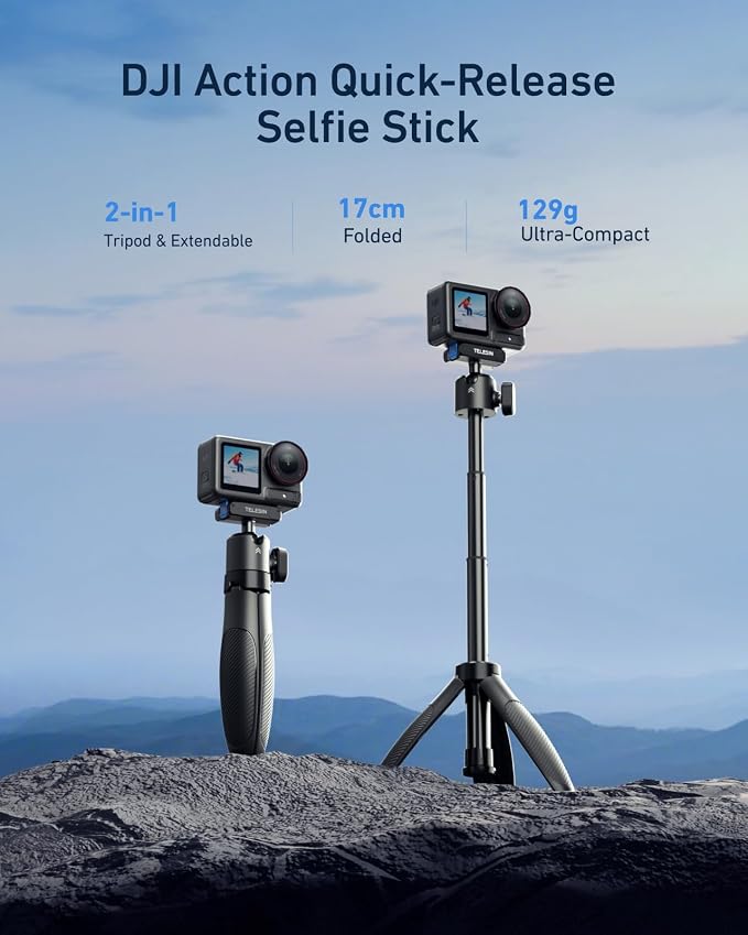 TELESIN 40cm/15.7'' Mini Selfie Stick Tripod, Magnetic Quick Release Selfie Sticks Handle Grip, Portable Vlog Monopod, 360° Adjustable Extended Pole for DJI Osmo Action 5 Pro/4/3 Camera Accessories