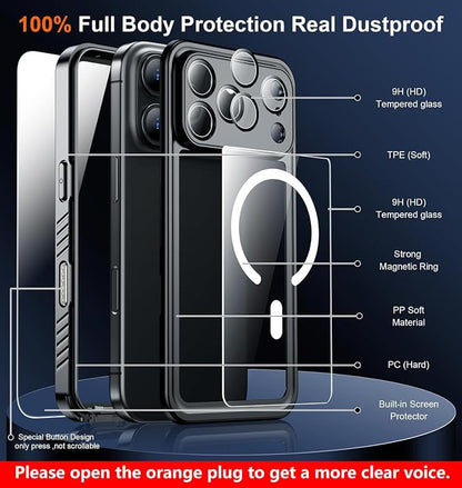 SPIDERCASE Magnetic for iPhone 17 Pro Max Case Waterproof, Built-in Screen & Camera Lens Protector[IP68 Underwater] [Military Grade Shockproof] Full Body Protection Phone Case, Black/Clear