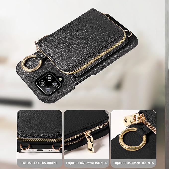 Wallet Case for Samsung Galaxy A22 4G 6.4 inch with Shoulder Strap Ring Buckle, PU Leather Zipper Organ Purse, Credit Card Holder Stand Phone Cover for M32 M22 F22 A 22 22A G4 Women Men Black