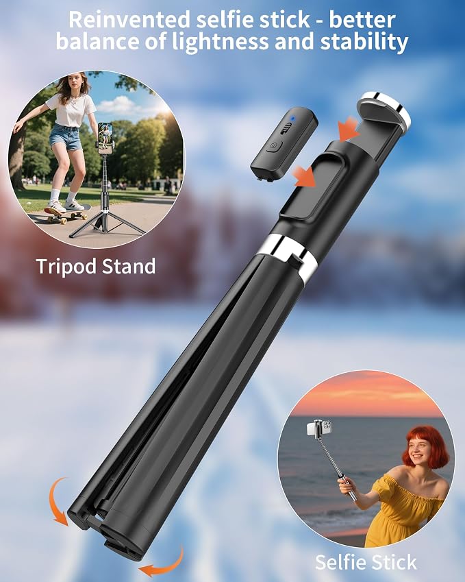 Selfie Stick Tripod for iPhone, Portable Cell Phone Tripod Stand with Wireless Remote, All in One Travel Tripods Selfie Stick, Compact Phone Stand Compatible with iPhone, Android, Samsung Series