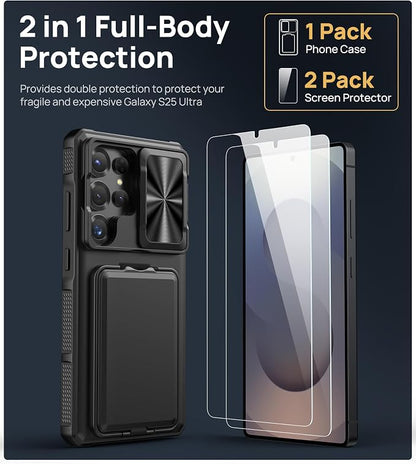 SSLOTSCASE for Samsung Galaxy S25 Ultra Case with 2X Screen Protector, HD Clarity Anti-Scratch, Card Holder & Kickstand & Slide Camera Lens Cover, Rugged Shockproof Phone Cover for S25 Ultra, Black