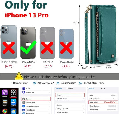 Wallet Case for iPhone 13 Pro with Card Holder/Crossbody Wallet/Strap| RFID Blocking | Magnetic | Kickstand | Detachable | PU Leather Phone Case for iPhone 13 Pro,6.1 in,Green