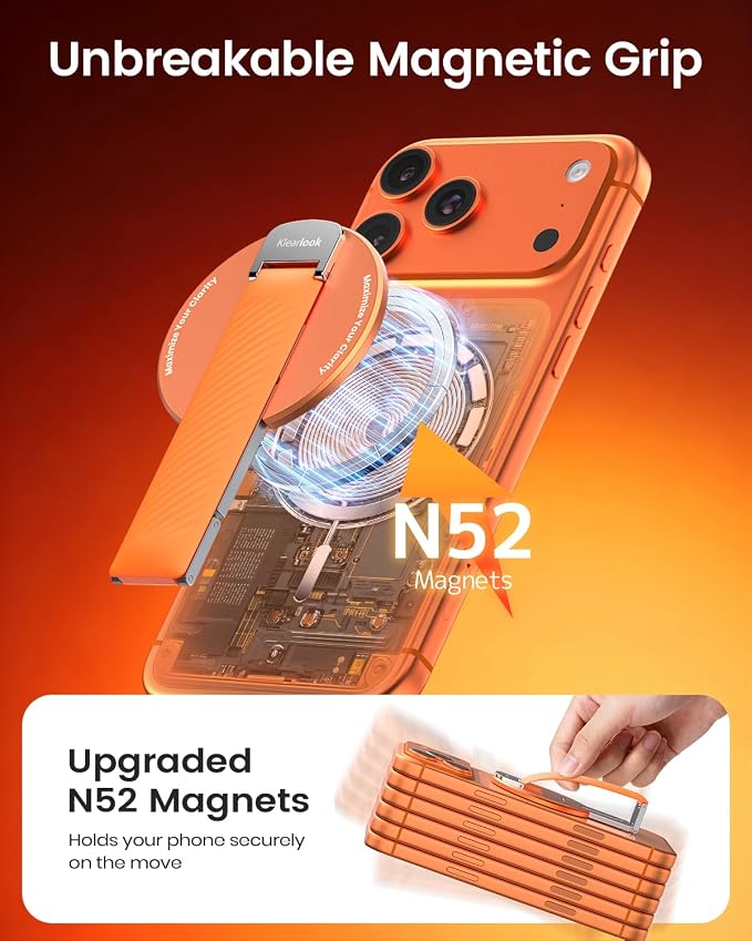 2026 Klearlook for MagSafe Phone Grip with Silicone Finger Strap, Removable Magnetic Phone Ring Holder with Adjustable Kickstand, Finger Phone Ring Grip for iPhone 17/16/15/14/13/12 Series, Orange