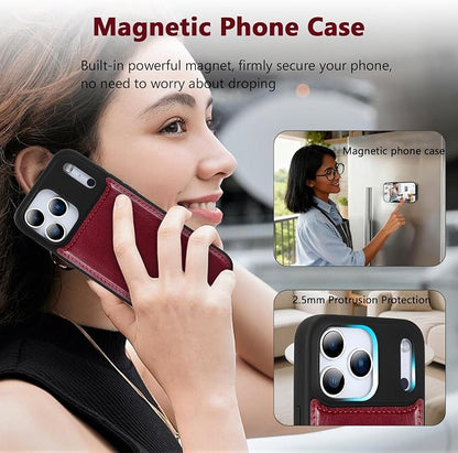 Wallet Case for iPhone 17 Pro with Card Holder/Crossbody Wallet/Strap,[RFID Blocking][Magnetic] PU Leather Phone Case for iPhone 17 Pro,6.3 in,Wine Red