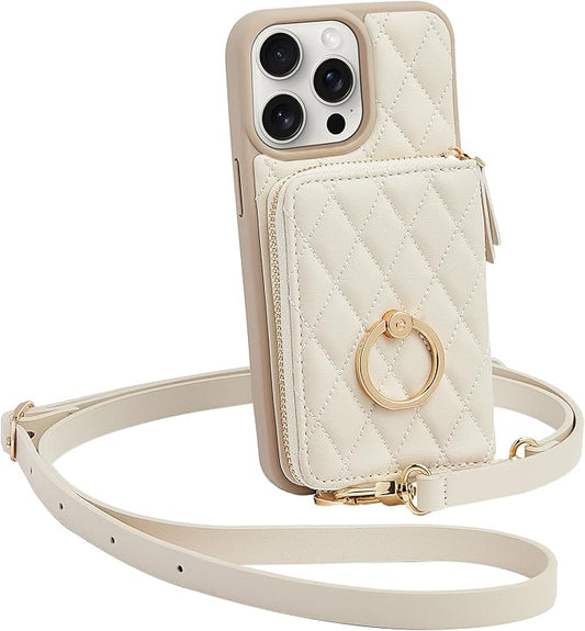 ZVE Compatible with iPhone 15 Pro Case Wallet for Women, PU Leather Shockproof Crossbody Phone Case with Card Holder for iPhone 15 Pro 6.1 Inch-Beige