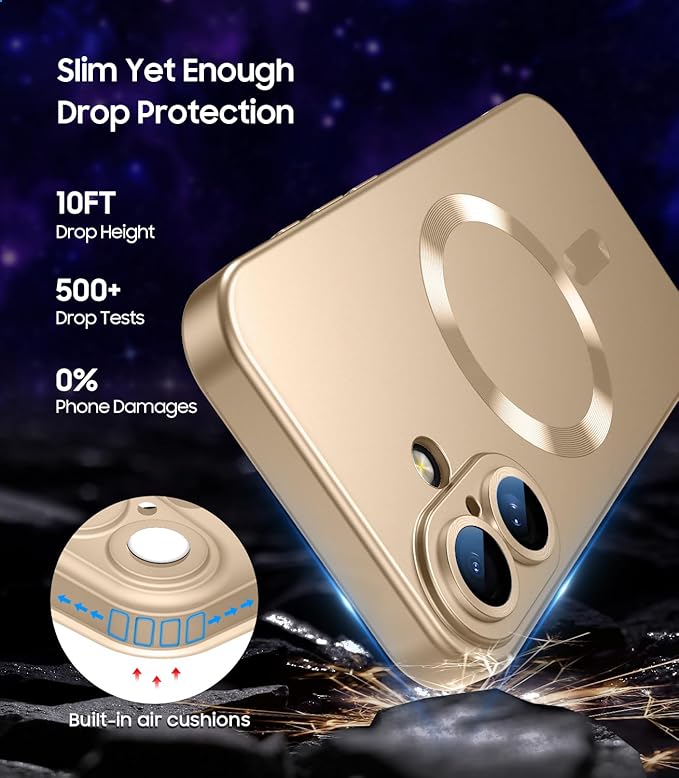 Magnetic for iPhone 17 Case [Compatible with MagSafe][Built-in Camera Lens Protector] Slim Thin Soft Silicone Bumper Shockproof Metallic Luster Phone Case (Gold)