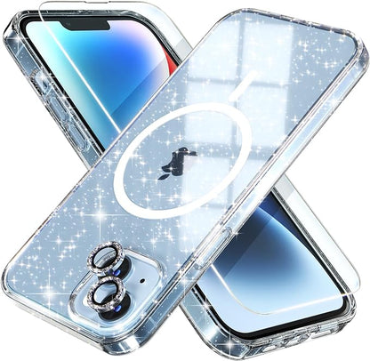 Choiche Magnetic Case for iPhone 14 Case, Women Clear Glitter Bling Sparkly Case, [2xDiamond Camera Lens Protectors] [2xTempered Glass Screen Protectors] [Compatible MagSafe] (Glitter Clear)