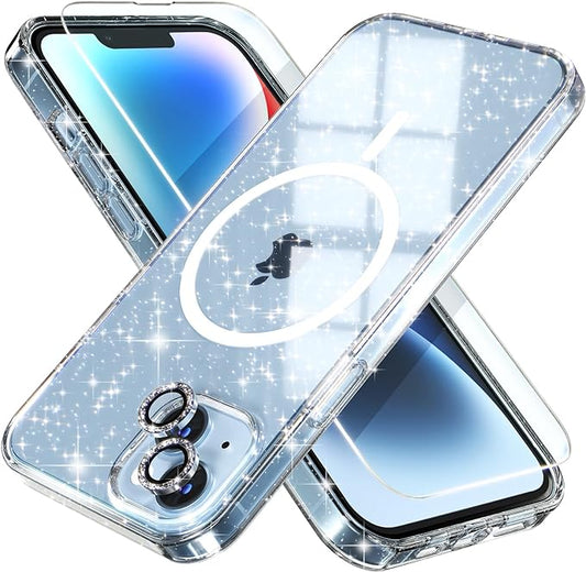 Choiche Magnetic Case for iPhone 14 Case, Women Clear Glitter Bling Sparkly Case, [2xDiamond Camera Lens Protectors] [2xTempered Glass Screen Protectors] [Compatible MagSafe] (Glitter Clear)