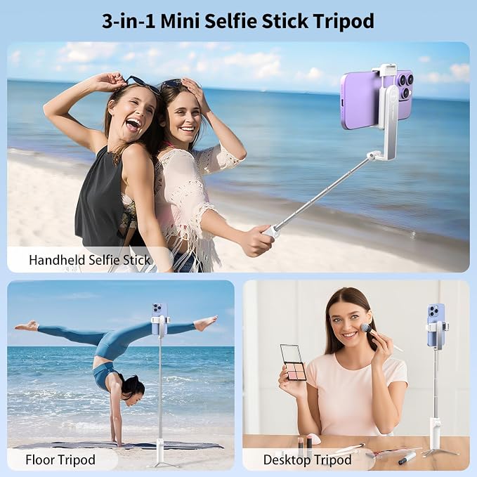 yAyusi Extendable Mini Selfie Stick Tripod with Remote, Pocket Size Portable Tripod for iPhone, Small Compact Phone Selfie Stick Tripods Mount for Travel/Vlog/Video Recording/Live Streaming (White)