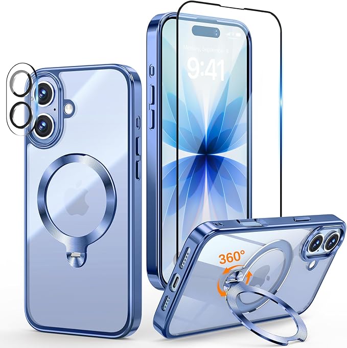 [Tri-Shield Protection] for iPhone 17 Case with 360° Spin Stand Compatible with MagSafe [Magnetic CD Ring] [Screen & Camera Lens Protector] Shockproof Plating Never-Yellowing, Blue-6.3"