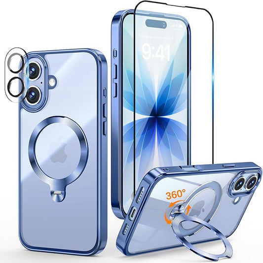 [Tri-Shield Protection] for iPhone 17 Case with 360° Spin Stand Compatible with MagSafe [Magnetic CD Ring] [Screen & Camera Lens Protector] Shockproof Plating Never-Yellowing, Blue-6.3"