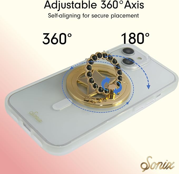 Sonix Magnetic Phone Grip and Phone Ring Holder - Compatible with MagSafe - Rotatable Kickstand and Phone Holder for iPhone 16, 15, 14, 13, 12 Series - Gold Star/Black Rhinestone