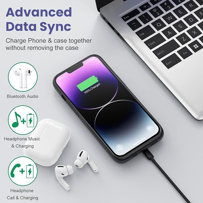 Feob Battery Case for iPhone 13/13 Pro/14,[2025 Upgraded] 7500 mAh Ultra-Slim Portable Extended Charger Cover for iPhone 13/13 Pro/14 Charging Case (6.1 Inch)-Black