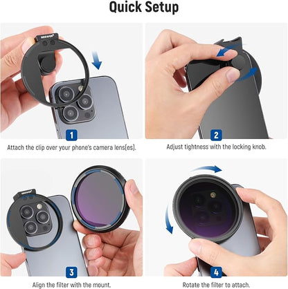 NEEWER 67mm Variable ND Filter with Cold Shoe Phone Lens Clip, HD Clip On Magnetic ND2-32 Filter Compatible with iPhone 17 Pro Max 16 15 14 Android Samsung Galaxy S24 S25 Ultra