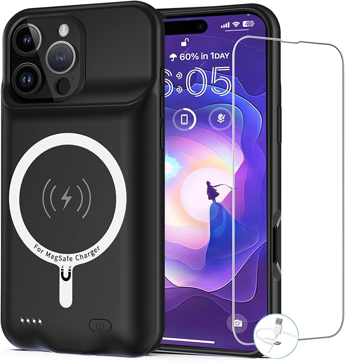 Battery Case for iPhone 16 Pro Max, 12000mAh Enhanced Portable Protective Qi Wireless Charger Case Battery Pack with CarPlay Wireless Charging Compatible for iPhone 16 Pro Max (6.9 inch)-Black