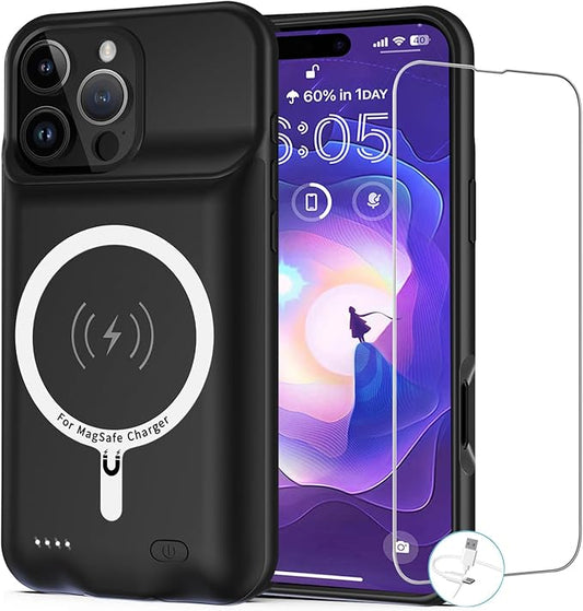 Battery Case for iPhone 16 Pro Max, 12000mAh Enhanced Portable Protective Qi Wireless Charger Case Battery Pack with CarPlay Wireless Charging Compatible for iPhone 16 Pro Max (6.9 inch)-Black