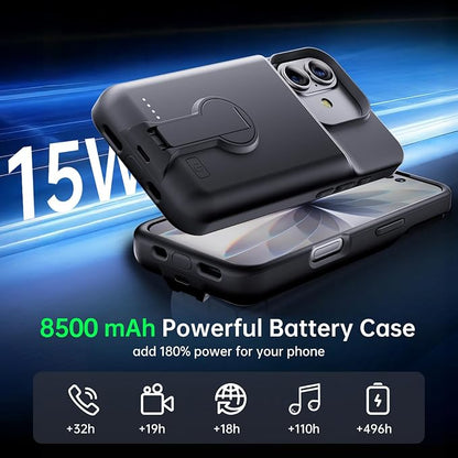 GIN FOXI for iPhone 17 Battery Case, Rechargeable Case Charger with Stand 8500mAh Fast Charging Ultra-Slim Lightweight Powerful Battery Pack Anti-Fall TPU Juice Box for iPhone 17 (6.3") Black