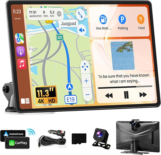 Portable A pple Carplay Screen for Car, 11.3" Extra Large Wireless Car Play & Android Auto Screen for Car, Car Stereo with 4K Dash Cam, App View, Backup Camera,GPS,Mirror Link,FM, Voice Control