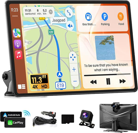 Portable A pple Carplay Screen for Car, 11.3" Extra Large Wireless Car Play & Android Auto Screen for Car, Car Stereo with 4K Dash Cam, App View, Backup Camera,GPS,Mirror Link,FM, Voice Control