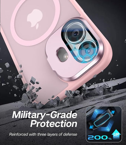 [Upgraded] for iPhone 16 Case with Camera Cover Stand [Fit for MagSafe][9H Camera Lens Protector] Mil-Grade Protection Translucent Matte Silicone Magnetic iPhone 16 Phone Case, Pink