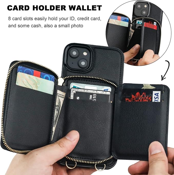 Bocasal RFID Blocking Wallet Case for iPhone 14 Plus, Adjustable Crossbody Zipper Purse Case Card Holder with Kickstand Detachable Wrist Strap, PU Leather Flip Folio Case 6.7 Inch 5G (Black)