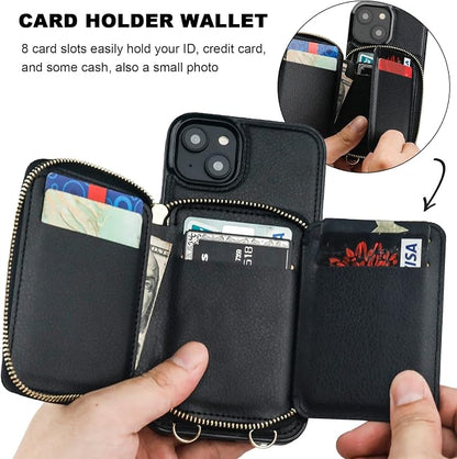 Bocasal RFID Blocking Wallet Case for iPhone 14 Plus, Adjustable Crossbody Zipper Purse Case Card Holder with Kickstand Detachable Wrist Strap, PU Leather Flip Folio Case 6.7 Inch 5G (Black)