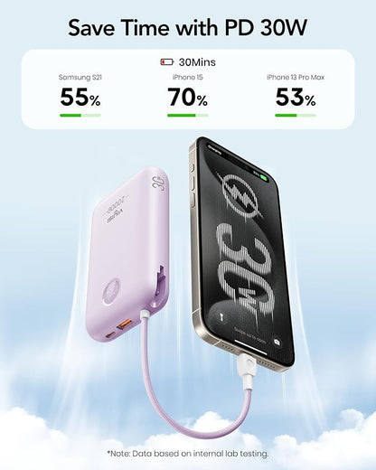 VIYISI Portable Charger 20000mAh 30W with Built-in Cables, Purple | LED Display, USB C&Lighting cables, Battery Pack for iPhone 17/16/15/14, Samsung, iPad and Android Phones, Travel