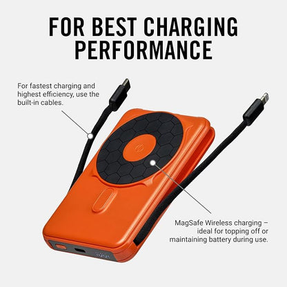 Ridge Magnetic Power Bank Fast Charging - Compatible with MagSafe - Portable Charger Power Bank - with Built in Cable and Wireless Charging, 5-in-1 Charging & Magnetic Attachment (Basecamp Orange)