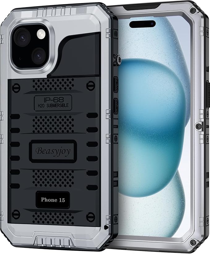 Beasyjoy for iPhone 15 Case Waterproof, Metal Heavy Duty Full Body Protective Case with Built-in Screen Protector, Military Grade Shockproof Dustproof Defender Rugged Cover for iPhone 15 6.1" Silver