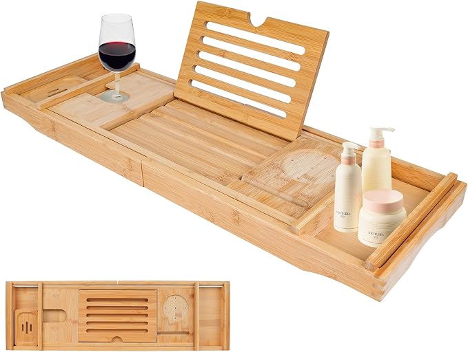 Bathtub Tray Caddy,Bamboo Bathroom Accessories,Expandable Bath Tray,Can be Placed Book and Integrated Tablet Smartphone and Wine Holder,Relaxing Gifts for Women(Natural)