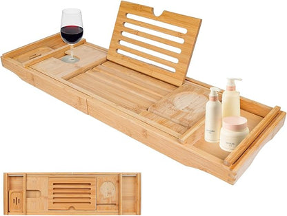 Bathtub Tray Caddy,Bamboo Bathroom Accessories,Expandable Bath Tray,Can be Placed Book and Integrated Tablet Smartphone and Wine Holder,Relaxing Gifts for Women(Natural)